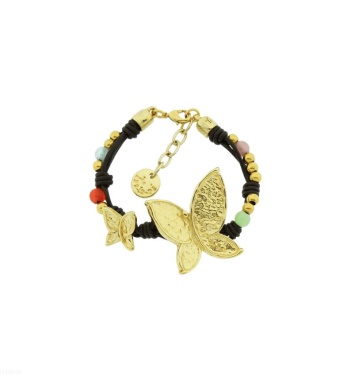 Браслет Tra-la-ra, Vuela, кожаный, с бабочой и муранским стеклом, TLR23-224O011 золотистый