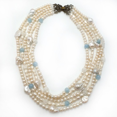 Колье Diogems Exclusive многослойное, жемчуг, аквамарин