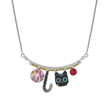 Колье TARATATA, Moustache, с цветной смолой, бусинами, стразами, TT-T24-03104-10M серебристый