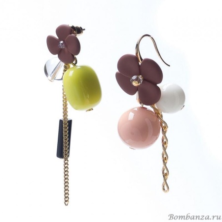 Серьги Nuance, асимметричные, с подвесками цветами и шарами, NFN-21.04-020 (коричневый)