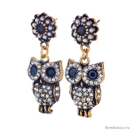 Серьги Alcozer&J, сова,сапфир, жемчуг, кристаллы Swarovski, AL-OP3862C золотистый