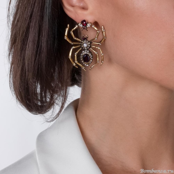 Серьги Alcozer&J, паук с гранатом, жемчугом и Swarovski, AL2312-OP5551C золотистый