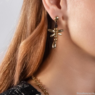 Серьги Tucco, Flying, со стрекозой, кожа, TC25.2-TMPE84 золотистый
