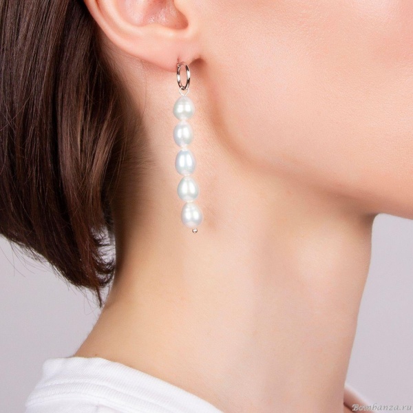 Серьги Moon Paris, Ringo, асимметричные, с жемчугом и звеньями, MR-21.04-055 серебристый