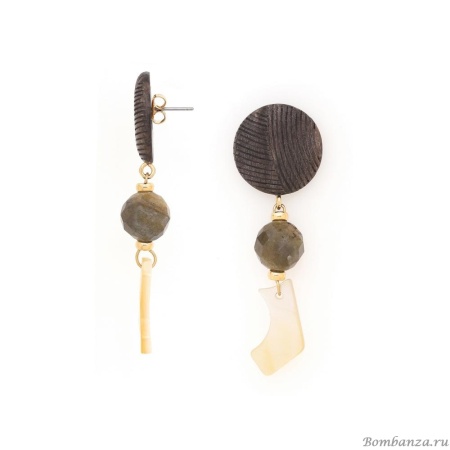 Серьги Nature Bijoux, Eclipse, эбеновое дерево, лабрадорит, перламутр, NB25.2-12-90251 серый