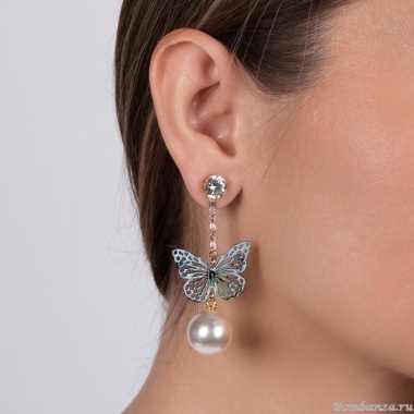Серьги Moon Paris, Ringo Queen, с бабочкой, кристаллами и бусиной, MRQ-24.05-008 голубой