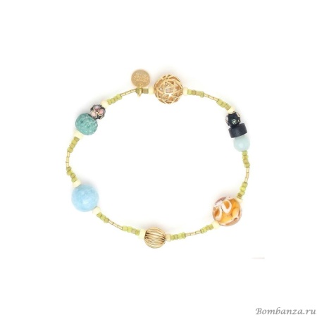 Браслет Franck Herval, Baya, стрейч, аквамарин,кокос, бусины,амазонит, FH24.2-13-72700 золотистый