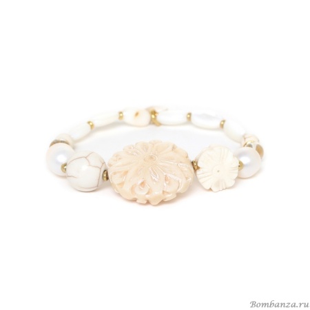 Браслет Nature Bijoux, Pondichery, стрейч, жемчуг,кость, говлит, хрусталь, NB24.1-13-43482 белый