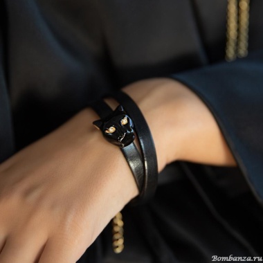 Браслет Polina Firenze, пантера с кристаллами, эмалью и кожей, PF25.2-BR2970 черный