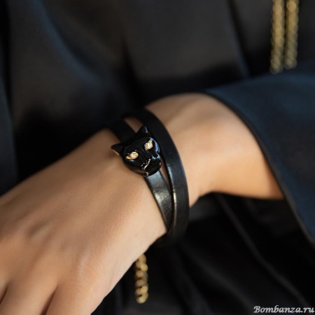Браслет Polina Firenze, пантера с кристаллами, эмалью и кожей, PF25.2-BR2970 черный