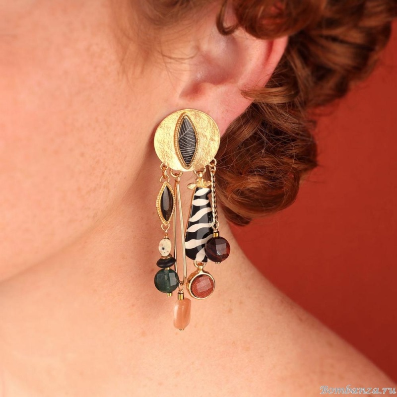 Клипсы TARATATA, Zebra, песчаник, гелиолит, тигровый глаз, яшма, TT-H25-04502-20M золотистый