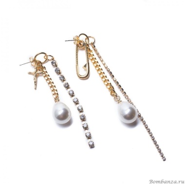 Серьги Moon Paris, Ringo, асимметричные, с жемчугом и кристаллами, MR-21.04-054 золотистый Серьги Moon Paris, Ringo, асимметричные, с жемчугом и кристаллами, MR-21.04-054 золотистый