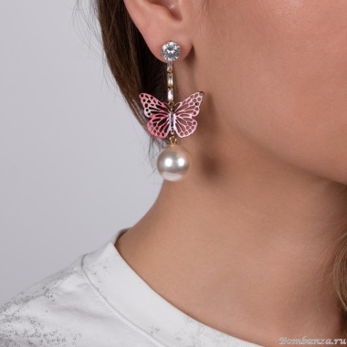 Серьги Moon Paris, Ringo Queen, с бабочкой, кристаллами и бусиной, MRQ-24.05-008 розовый