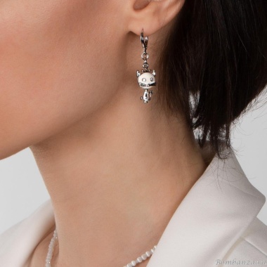 Серьги Lanzerotti, Cuori, подвеска-кот, кристаллы, эмаль, LZ-24.02-131 серебристый