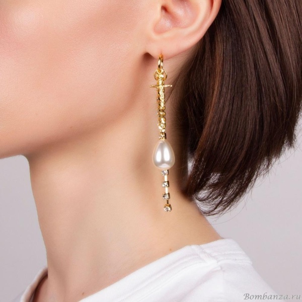 Серьги Moon Paris, Ringo, асимметричные, с жемчугом и кристаллами, MR-21.04-054 золотистый