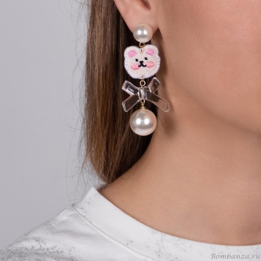 Серьги Moon Paris, Ringo Queen, с медведем из текстиля, с бусинами, MRQ-24.05-010 белый