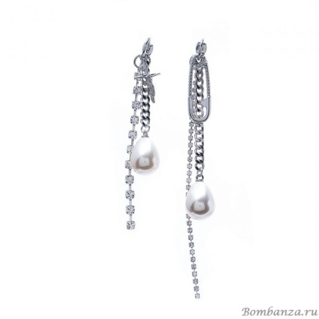 Серьги Moon Paris, Ringo, асимметричные, с жемчугом и кристаллами, MR-21.04-054 серебристый
