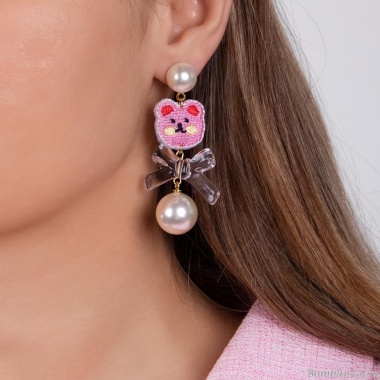 Серьги Moon Paris, Ringo Queen, с медведем из текстиля, с бусинами, MRQ-24.05-010 розовый