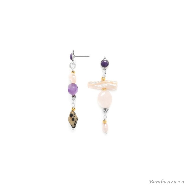 Серьги Nature Bijoux, Copenhague, асимметрия, жемчуг, аметист, яшма, кварц, NB22.2-12-78002 розовый