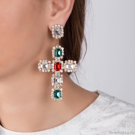 Серьги Moon Paris, Ringo Queen, асимметичные, с крестом и кристаллами, MRQ-24.05-013 золотистый