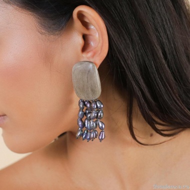 Серьги Nature Bijoux, Pebble Beach, из эбенового дерева, с жемчугом, NB25.2-12-90370 серый