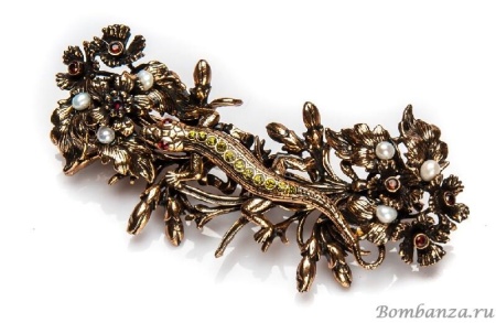 Брошь Maurizio Mori, ящерица, цветы, с гранатом, жемчугом и кристаллами, MM-SP170920