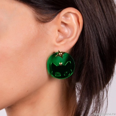 Серьги Moon Paris, Ultra, с котом, MU-23.04-006 зеленый Серьги Moon Paris, Ultra, с котом, MU-23.04-006 зеленый