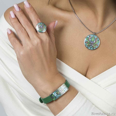 Браслет Fiore Luna, на зеленом кожанном ремешке, CB03598-4A