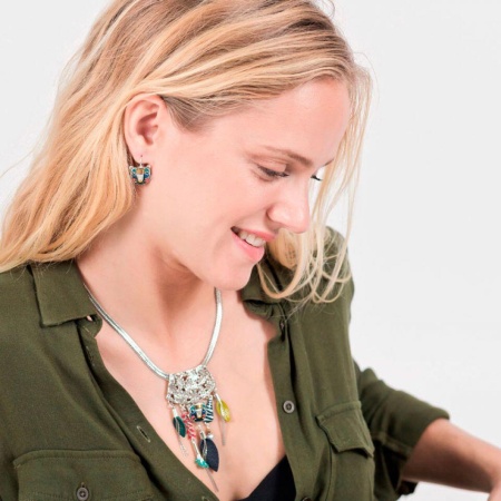 Колье Taratata, Bengale, серебристое с цветной эмалью и кристаллами, кожа, TT-E19-08119-10M 