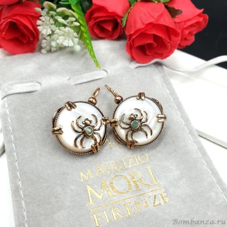 Серьги Maurizio Mori, перламутровые с пауком и изумрудом, MM-OR34819