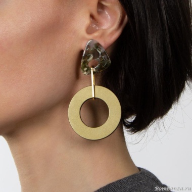 Серьги Nuance, асимметричные, с диском и кольцом, NFN-24.01-027 оливковый