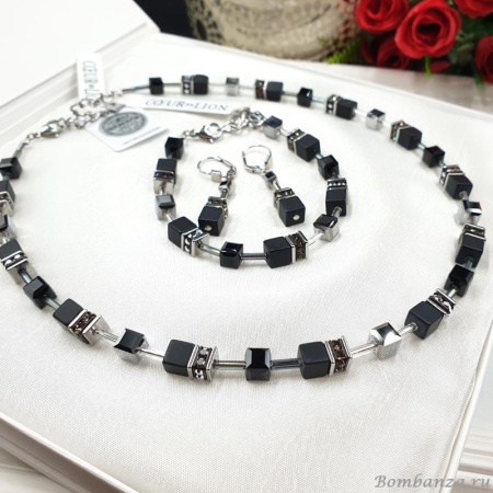 Комплект Coeur de Lion, Black-Silver, серьги и колье, 4018/10-20-1317. Германия